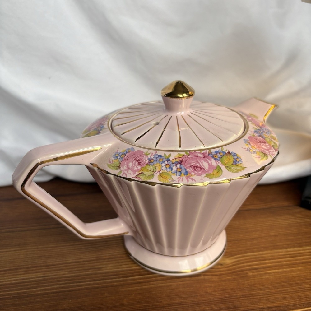 Vintage Sadler Pink Art Deco Teapot Starburst Floral Gold Gilt England 1940s - Picture 4 of 16